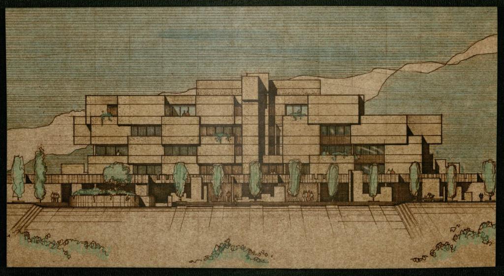 This architectural drawing from Kruger focuses attention on the proposed new building but includes none of the surrounding buildings, which significantly alters viewer perception of the building and the space it would eventually occupy on campus.