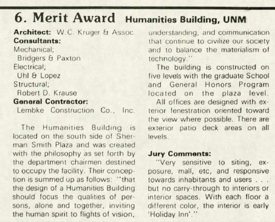 The article announcing Kruger's architectural award quotes 'The Conception of the Humanities Building' in spite of the fact that the building did not at all match the vision or needs outlined in that document.