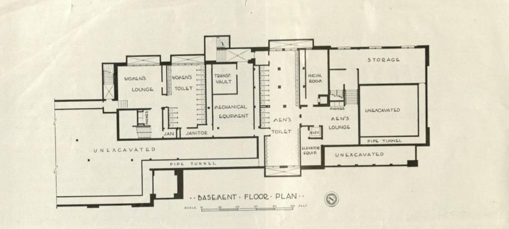 Basement floor plans which housed the bathrooms and mechanical equipment