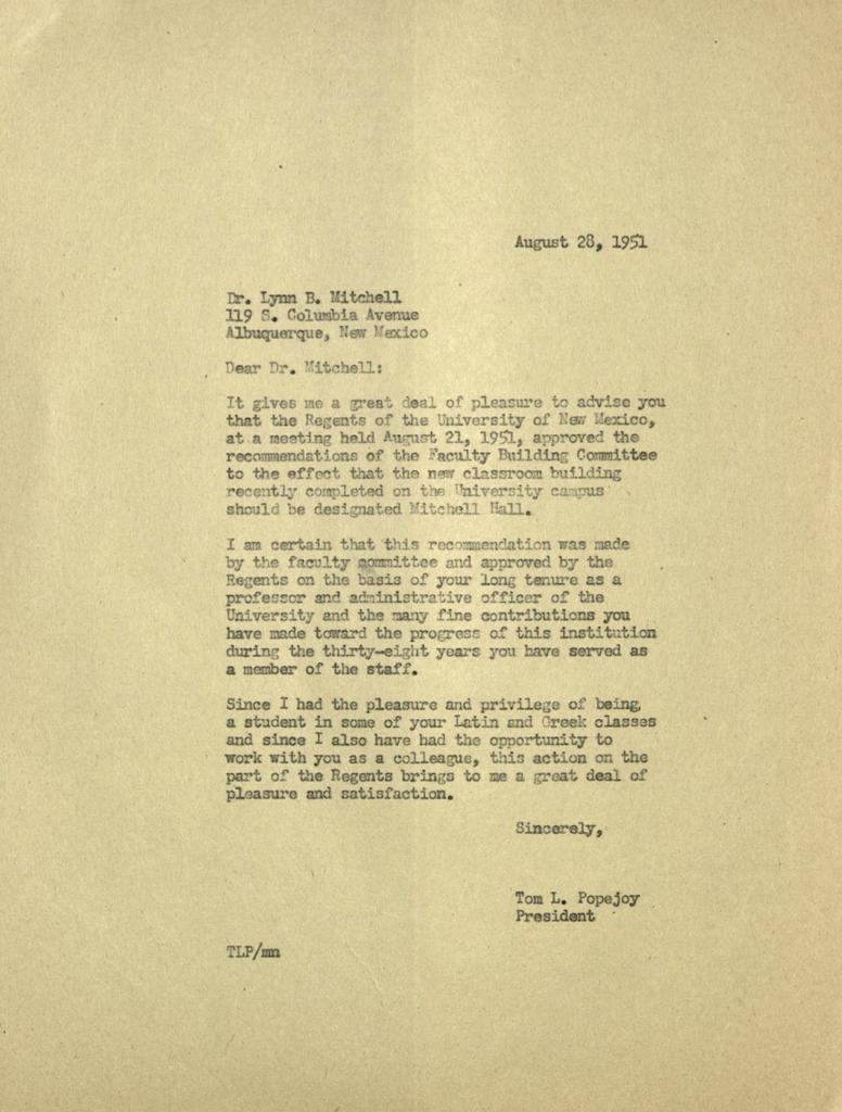 This is the original letter written by Tom L. Popejoy telling and congratulating Dr.Lynn B. Mitchell about building number 23 being named after him